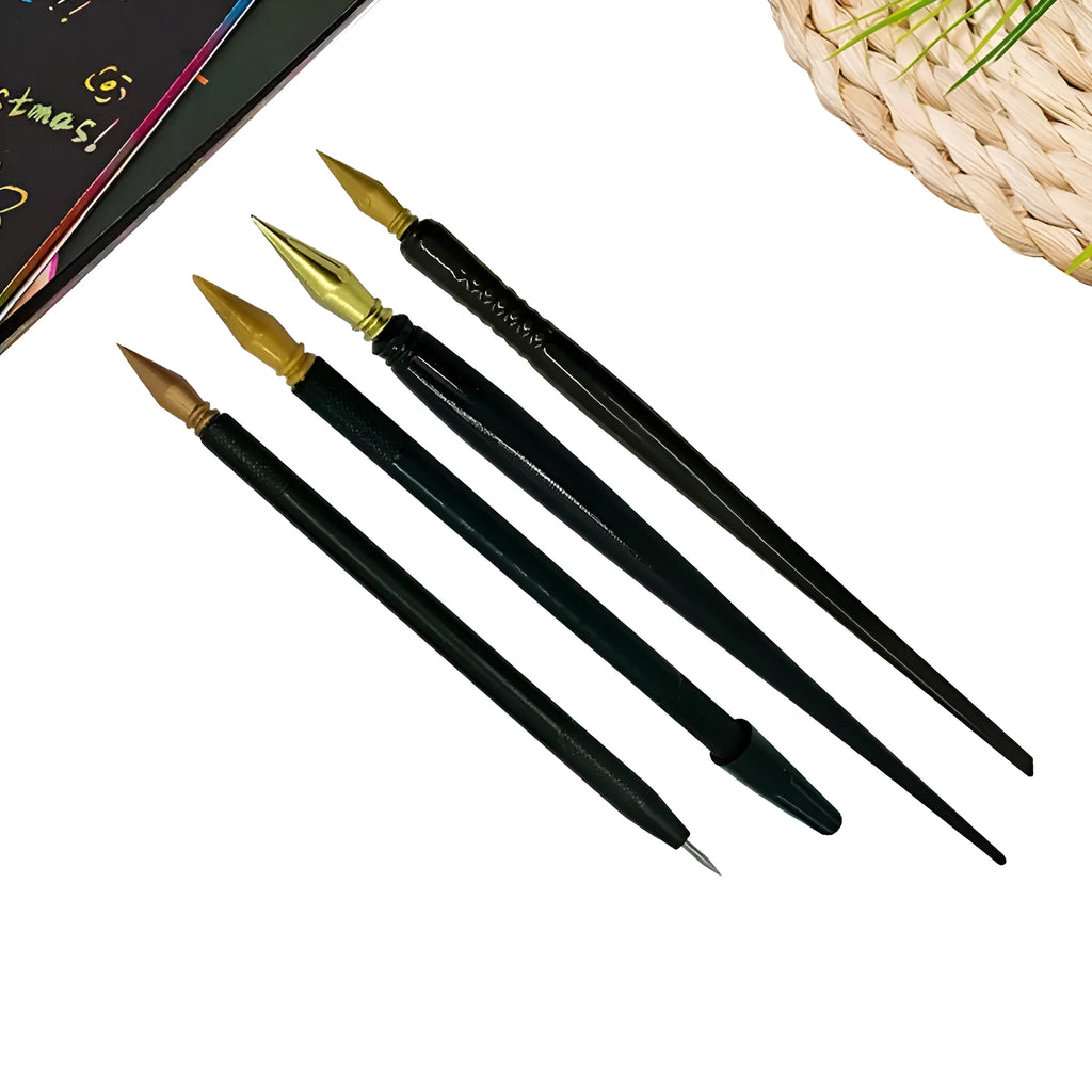 A white scratch art pen tool for children's crafts on scratch paper.
