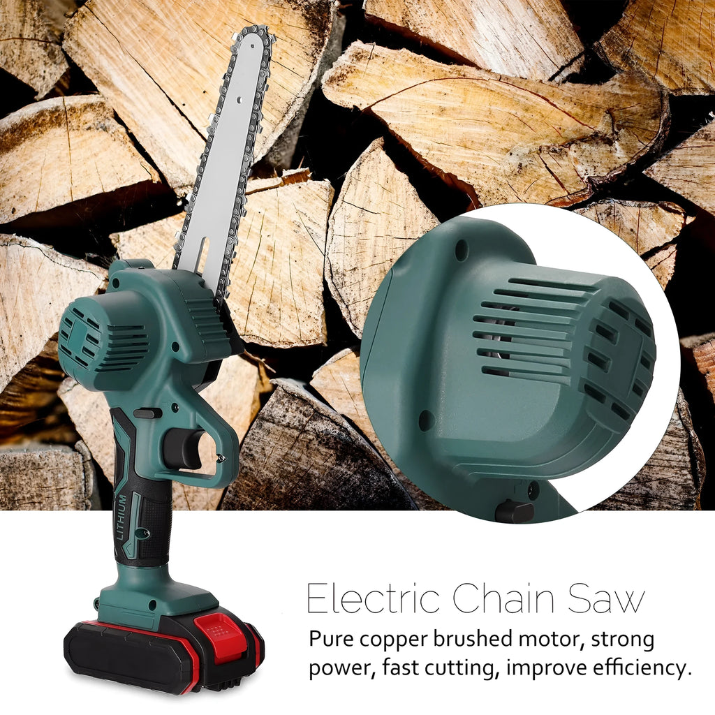 Black mini electric chainsaw with 4-inch guide bar showing compact one-hand design