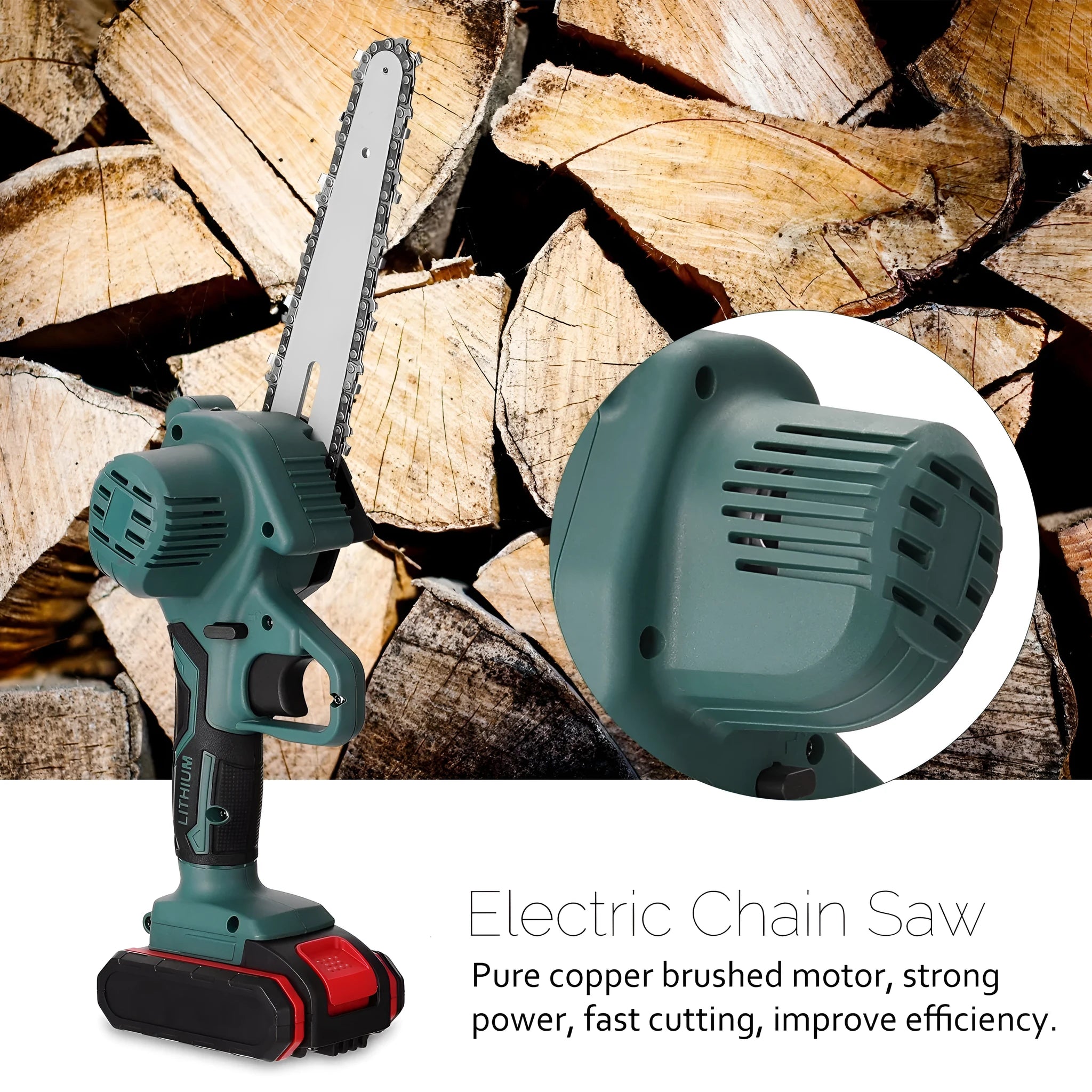 Black mini electric chainsaw with 4-inch guide bar showing compact one-hand design