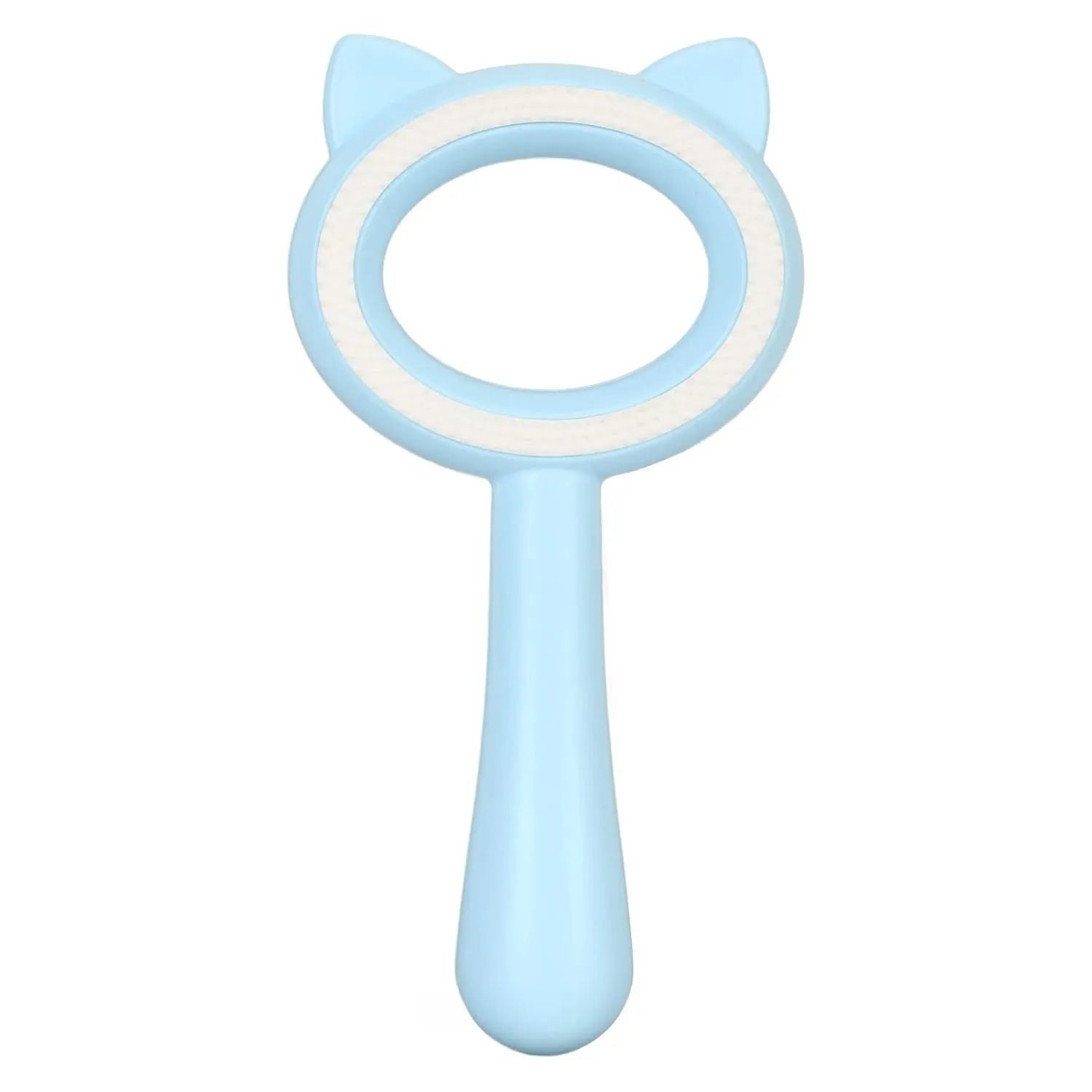 Double-sided pet grooming brush with blue handle, deshedding comb and massage bristles for cats and dogs