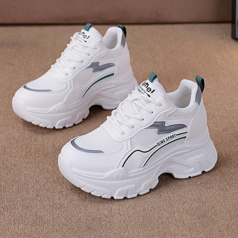 Women's white sports shoes with cross shoulder straps and height increasing insoles