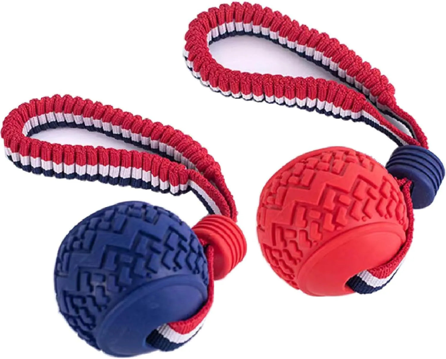 Blue or red natural rubber dog ball with rope attachment, showing textured surface and 29cm total length