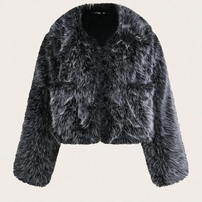 Women's faux fur coat with fur collar in black tip on black background colour