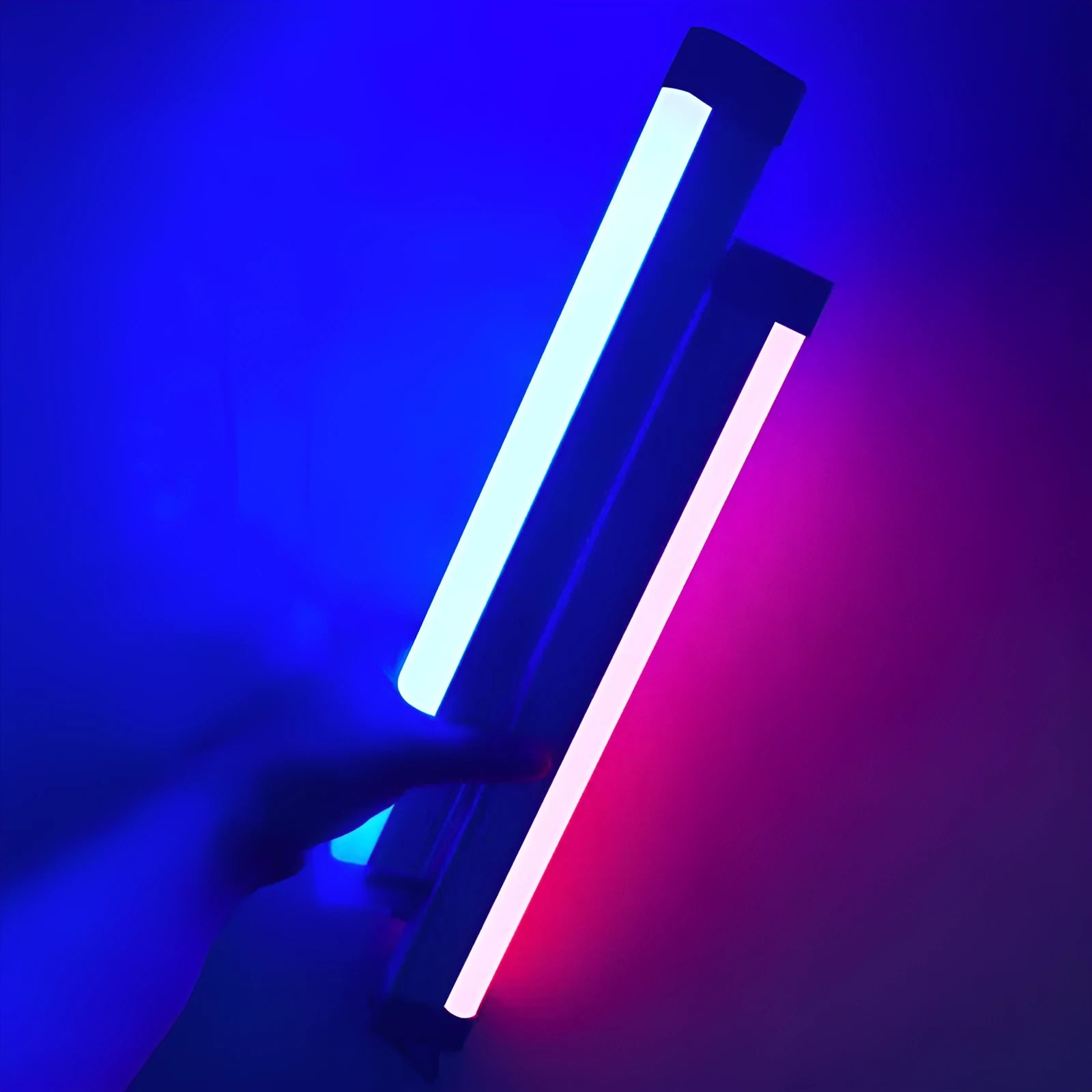 Blue and purple rechargeable LED tube stick light with USB cable, shown in 17cm and 32cm sizes.