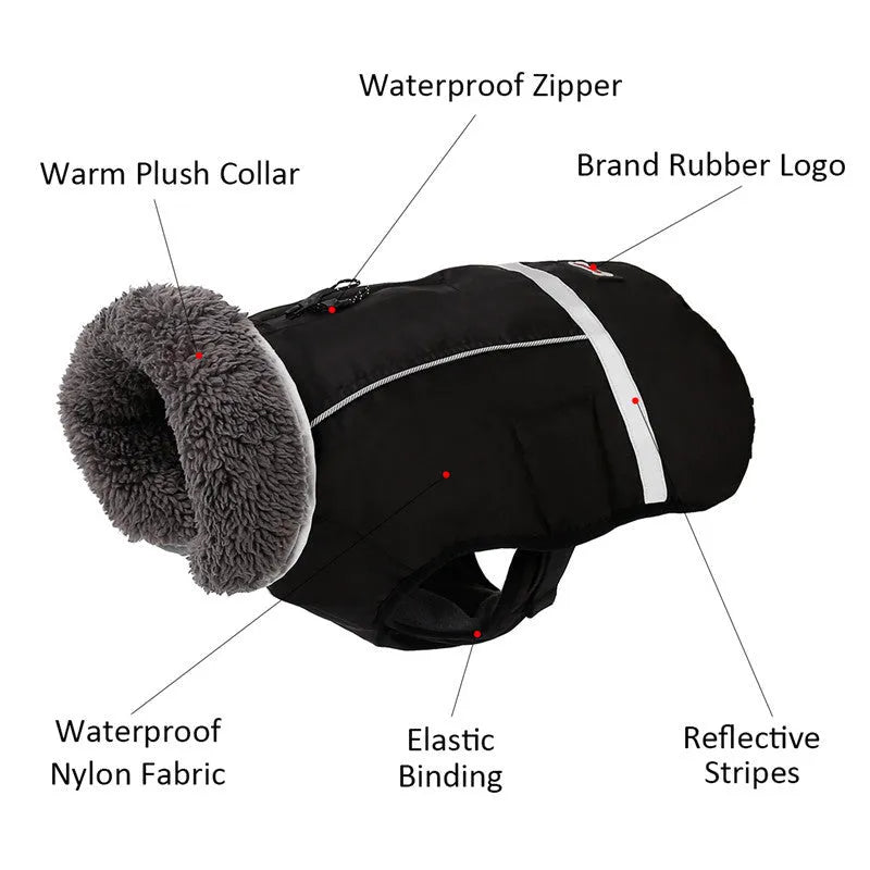 Thick warm dog vest in black waterproof nylon with reflective strips