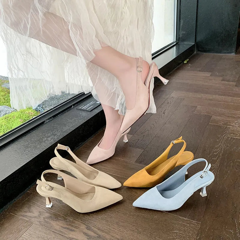 Women's suede stiletto high heels with pointed toe in apricot colour