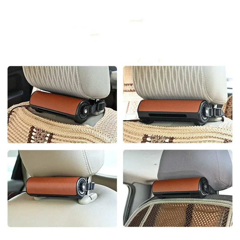 Bladeless car mount fan with USB power cord in black colour showing compact dimensions