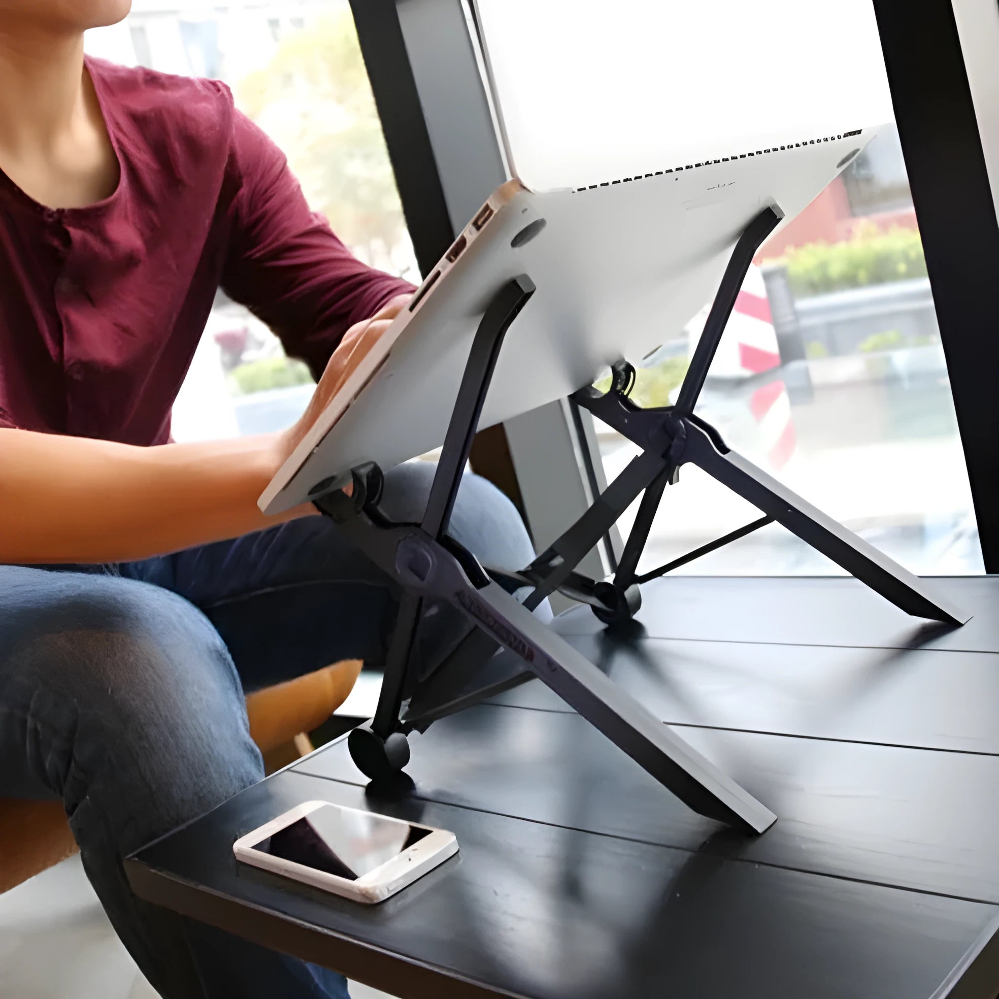 Sagacious black portable folding computer bracket with carrying case for laptops and tablets