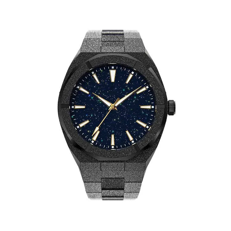 Men's stainless steel watch with a 42mm dial, butterfly buckle, shown in four colour options.