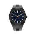 Men's stainless steel watch with a 42mm dial, butterfly buckle, shown in four colour options.
