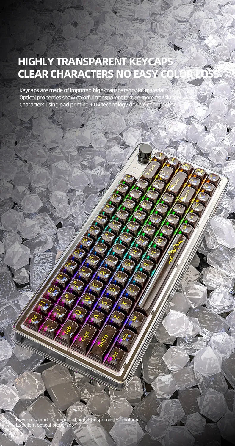 Attack Shark K75RGB wireless mechanical keyboard with transparent case showing internal components