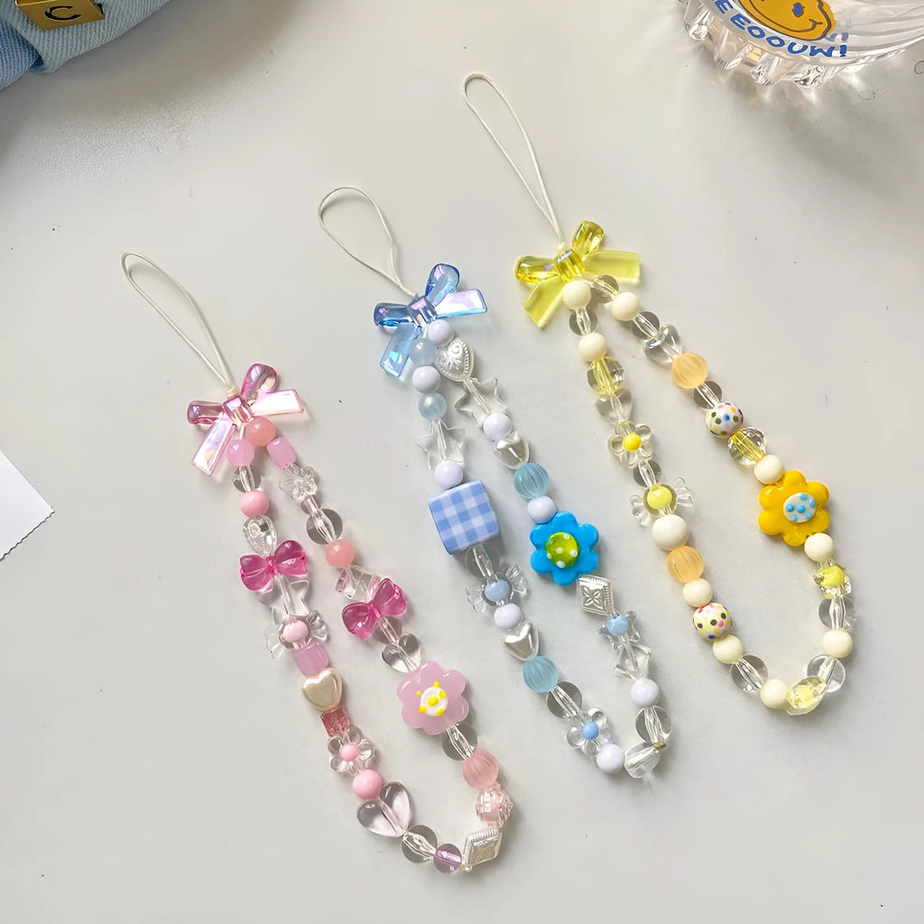 Colourful beaded flower mobile phone lanyard with plastic and resin construction