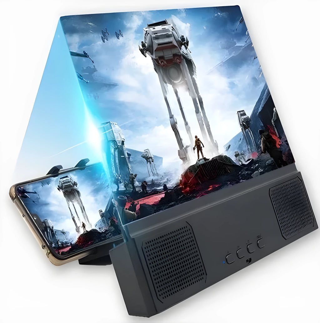 12-inch mobile phone screen amplifier with acrylic lens and ABS housing, showing phone placement.