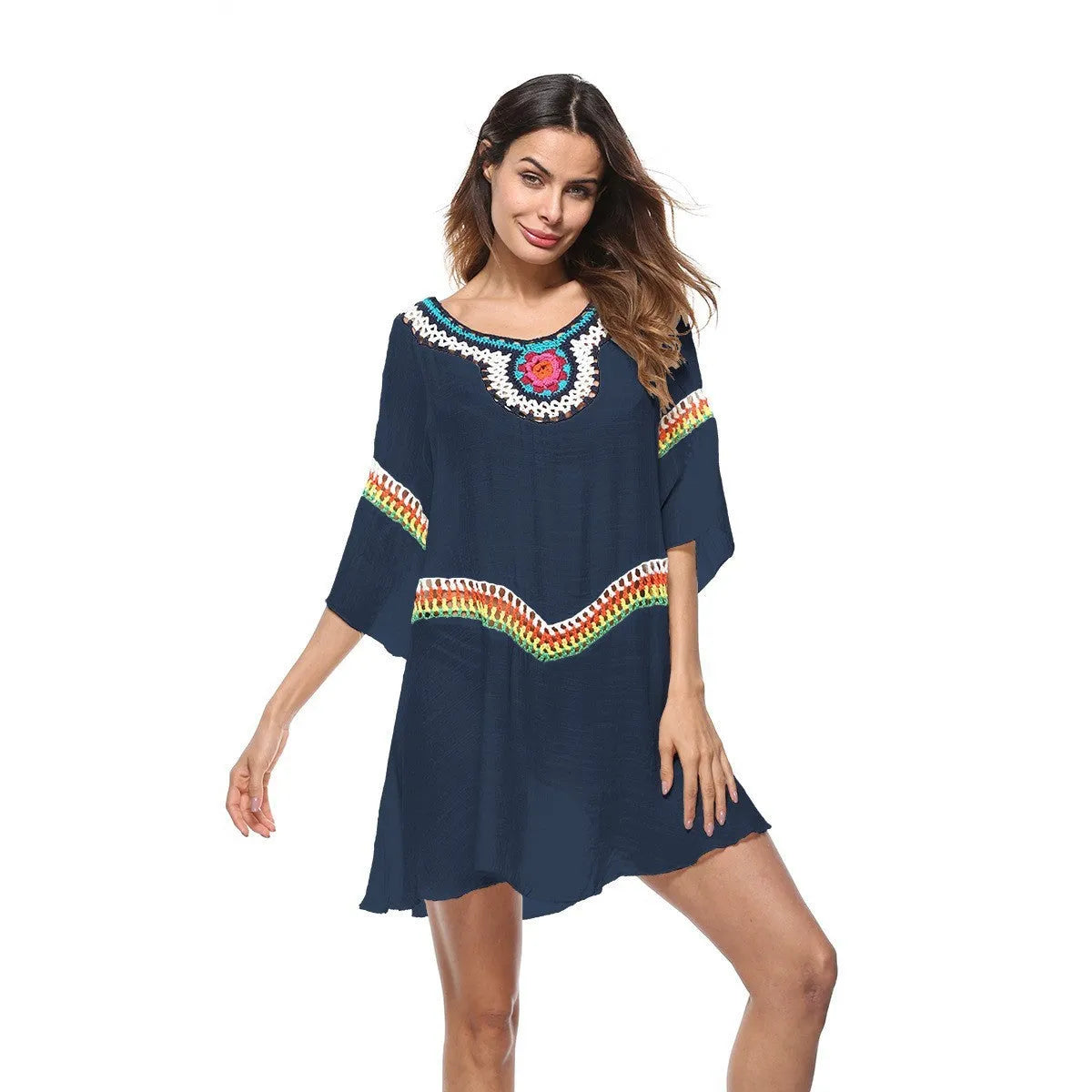 Crocheted white sun protection beach cover-up top for women, loose fit.
