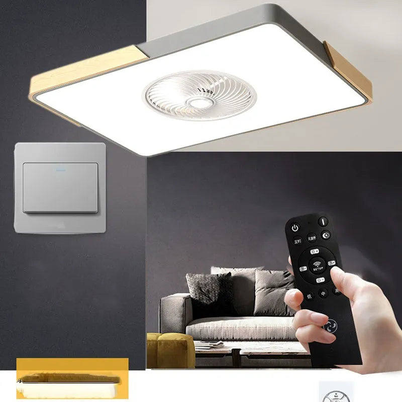 Nordic-style ceiling fan light fixture with a solid wood frame and white PVC lampshade.