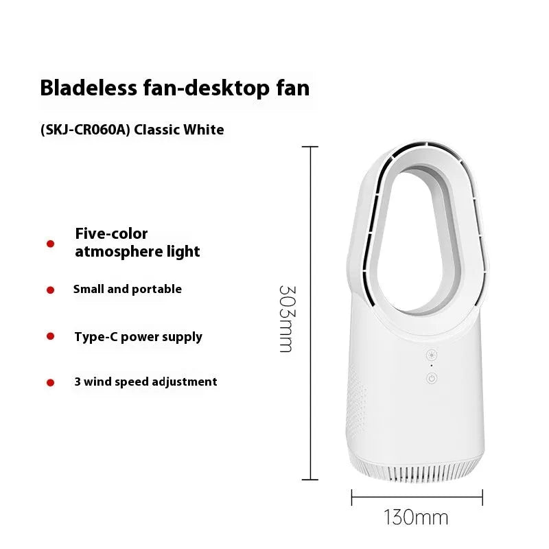 White bladeless tower fan with touch screen controls and remote control