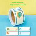 Roll of colourful cartoon stickers showing dinosaur, astronaut, rabbit, and girl design options for labelling.