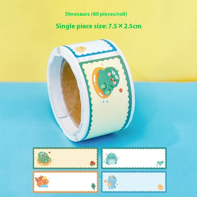 Roll of colourful cartoon stickers showing dinosaur, astronaut, rabbit, and girl design options for labelling.