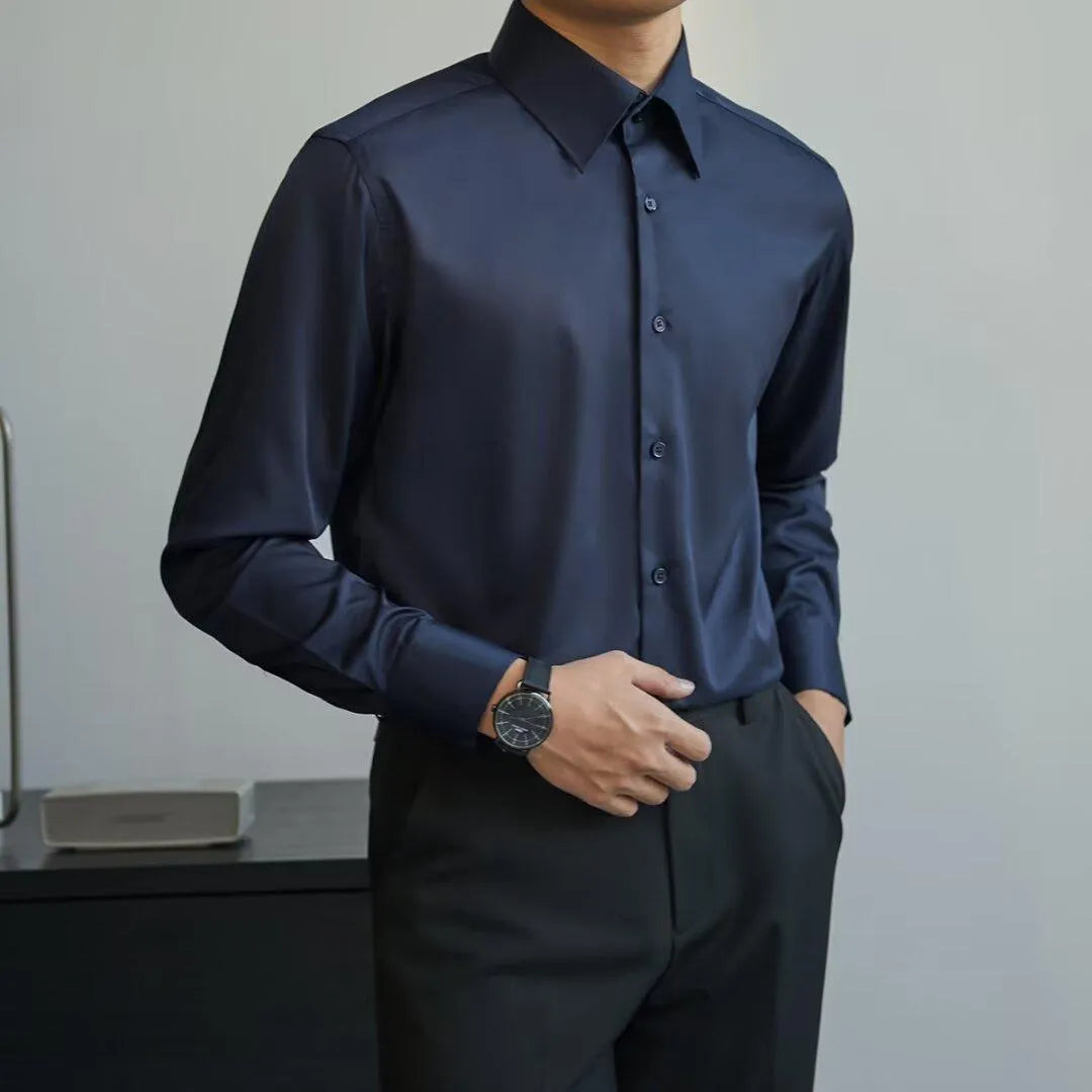 Men's Korean style slim fit cardigan shirt in polyester fabric, long sleeve design in autumn colours