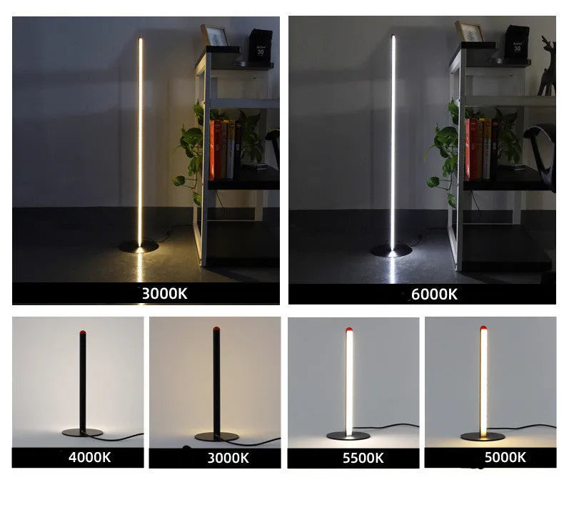 Modern simple vertical aluminium alloy floor lamp in silver, shown beside a sofa.