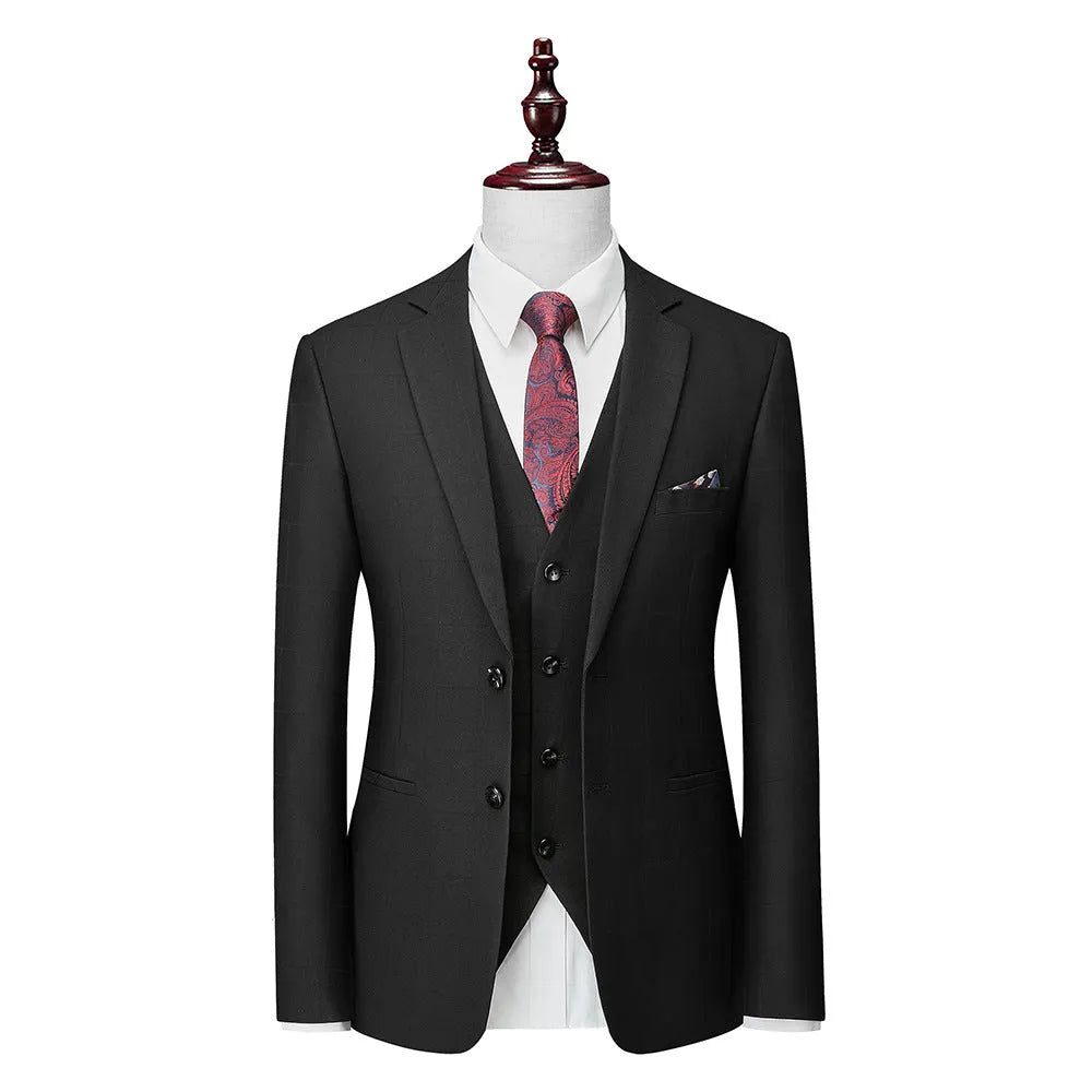 Men's navy blue plaid slim fit three-piece business casual suit with jacket, vest and trousers