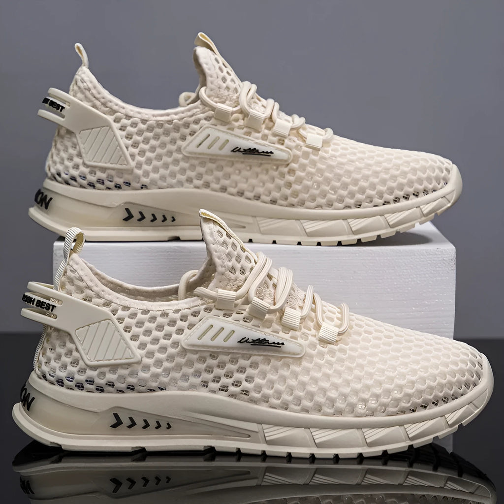Men's beige mesh sneakers with synthetic leather upper and white EVA sole