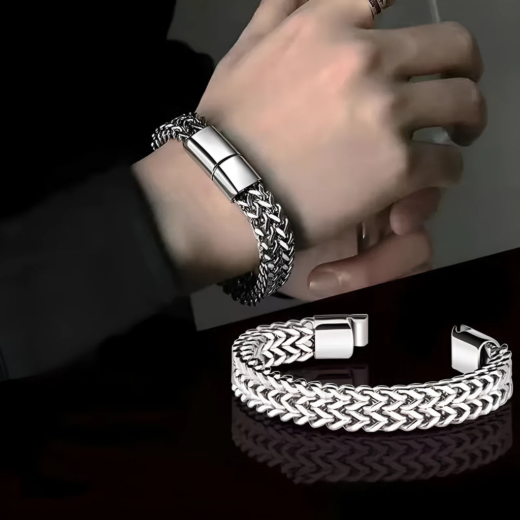 Silver geometric men's titanium steel bracelet shown in 4x8mm and 5x10mm styles.