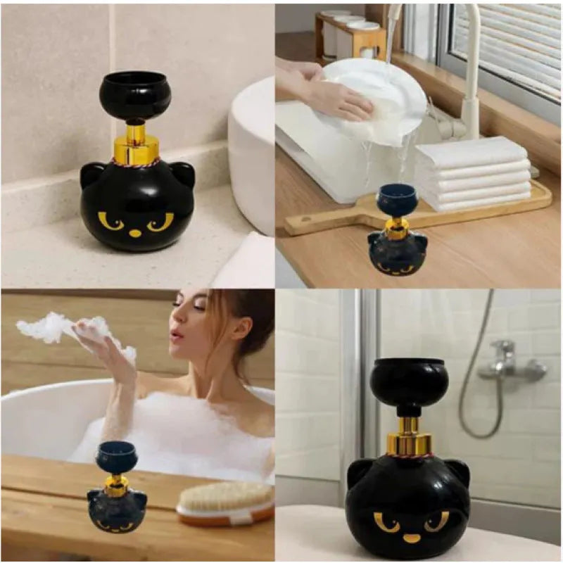Black plastic cartoon cat-shaped foam soap extrusion dispenser on a bathroom countertop.
