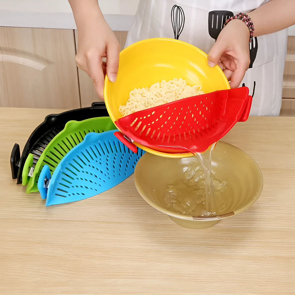 Silicone clip-on pot funnel strainer with stainless steel insert for draining liquids