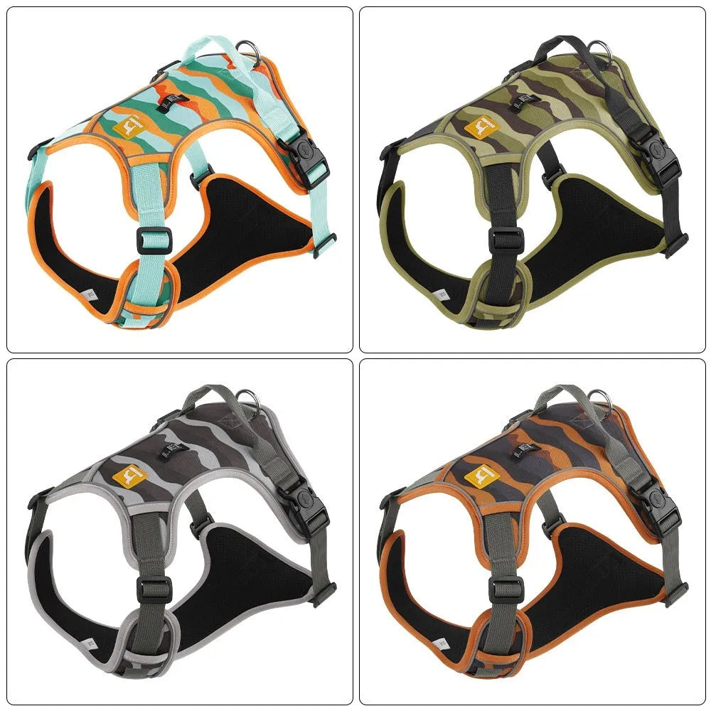 Reflective dog harness with hand-holding rope in oxford cloth fabric showing army green colour option