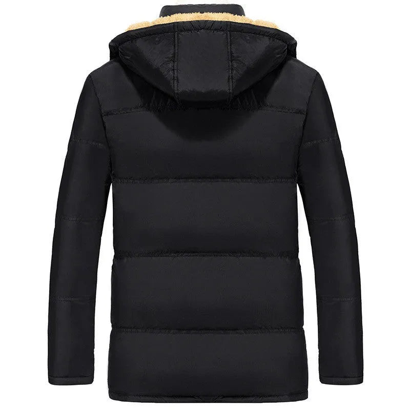 Black men's loose velvet padded hooded jacket with double-breasted front.