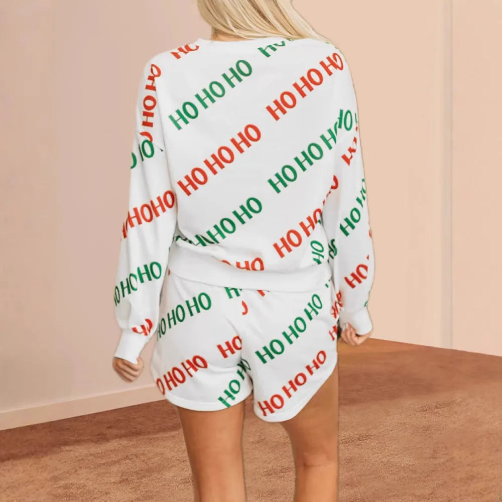 Women's white two-piece suit with letters printed design, long-sleeved top and matching trousers