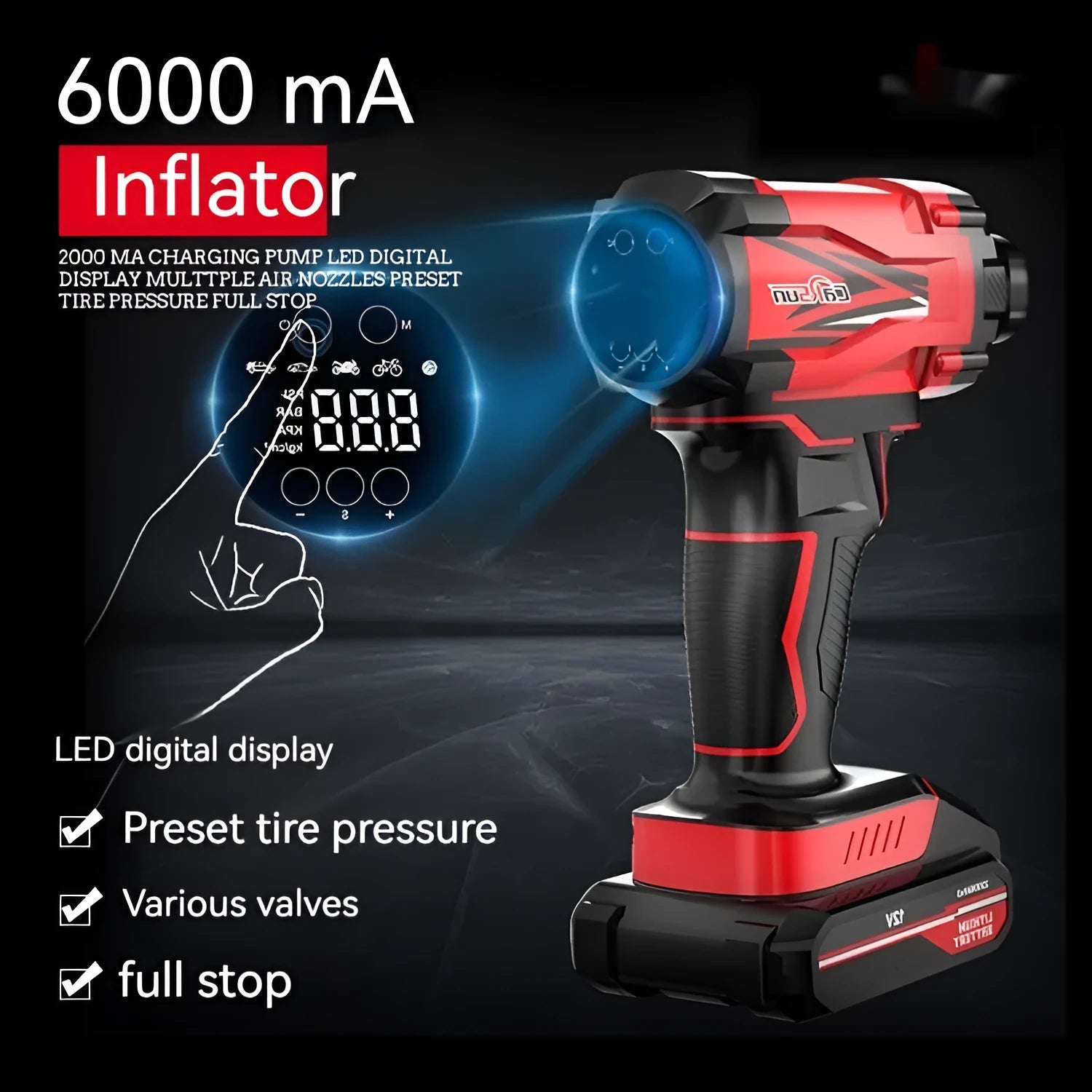 Red and black car wireless air pump with nozzles and power cables for tyre inflation
