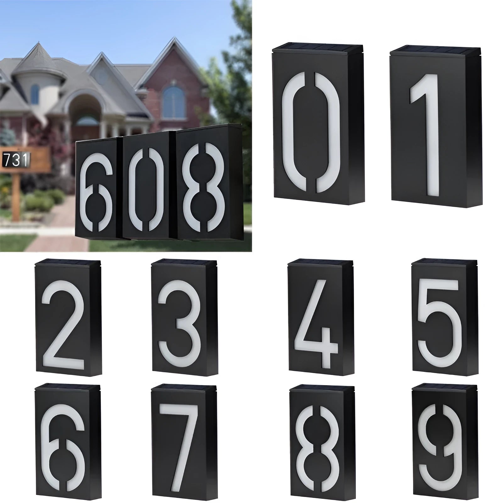 Solar powered house number light with LED illumination and waterproof housing for outdoor installation