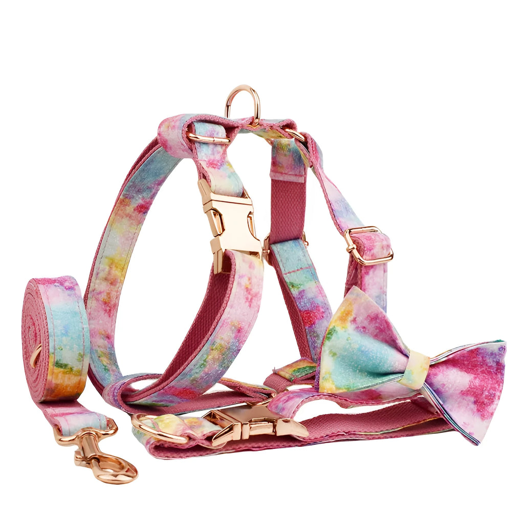 Bronzing cloth dog leash and collar set with bow and vest four-piece for small to large dogs