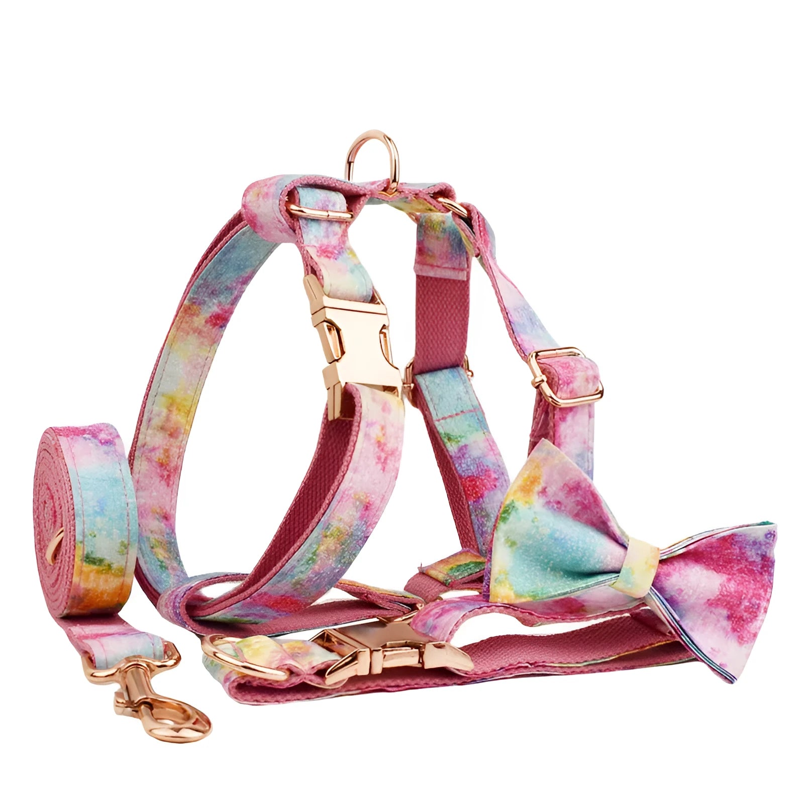 Bronzing cloth dog leash and collar set with bow and vest four-piece for small to large dogs