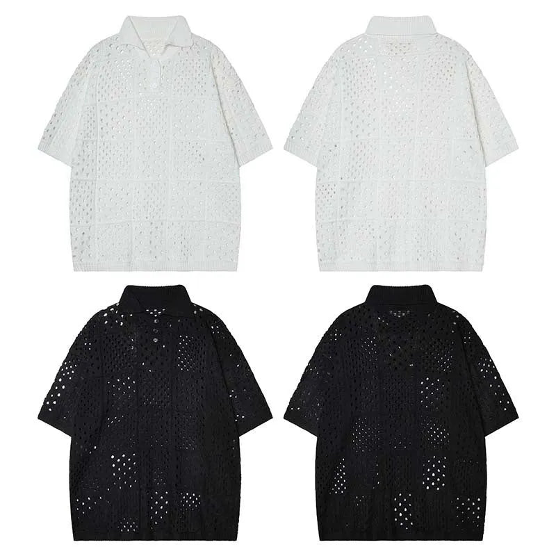 Solid colour hollow high sense short-sleeved knitting polo shirt in loose cardigan style