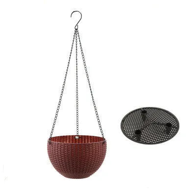 Plastic hanging basket with chain and inner pot in one of seven colours.