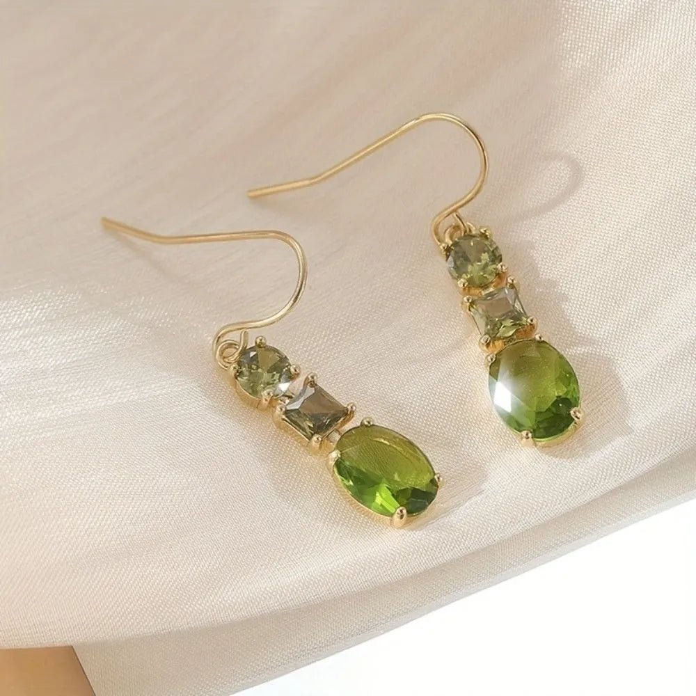 Green geometric copper earrings with quadrilateral shape and retro bohemian style