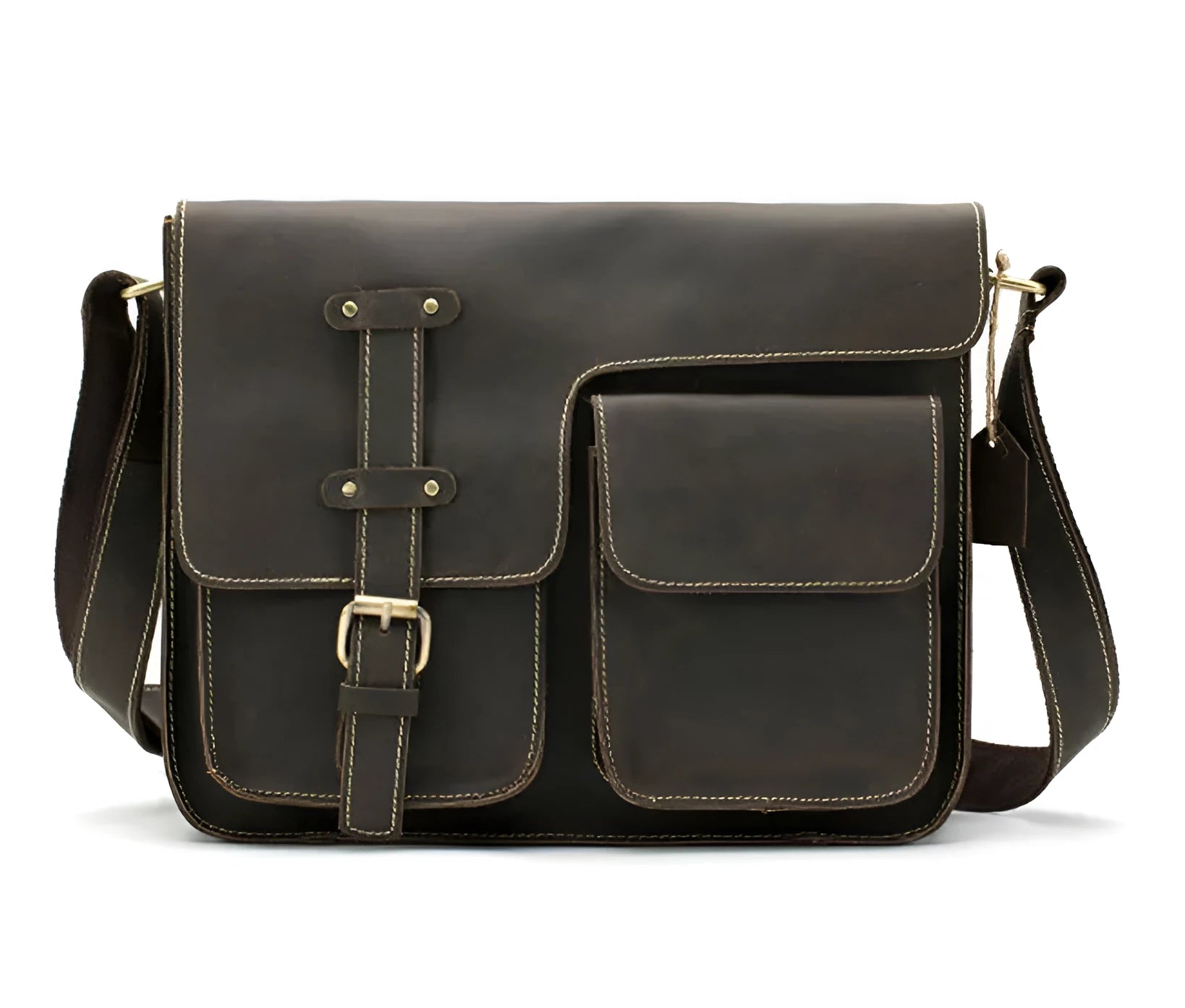 A leather vintage messenger crossbody bag shown in dark coffee colour with a flap closure and adjustable strap.