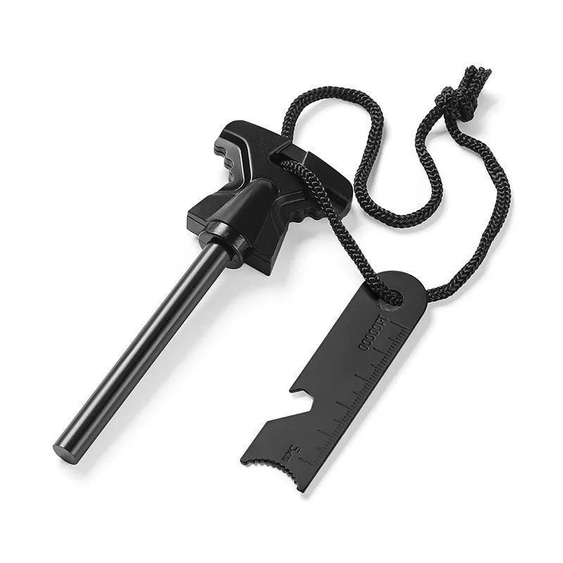 Stainless steel butterfly-shaped outdoor survival tool with fire starter striker and bottle opener.