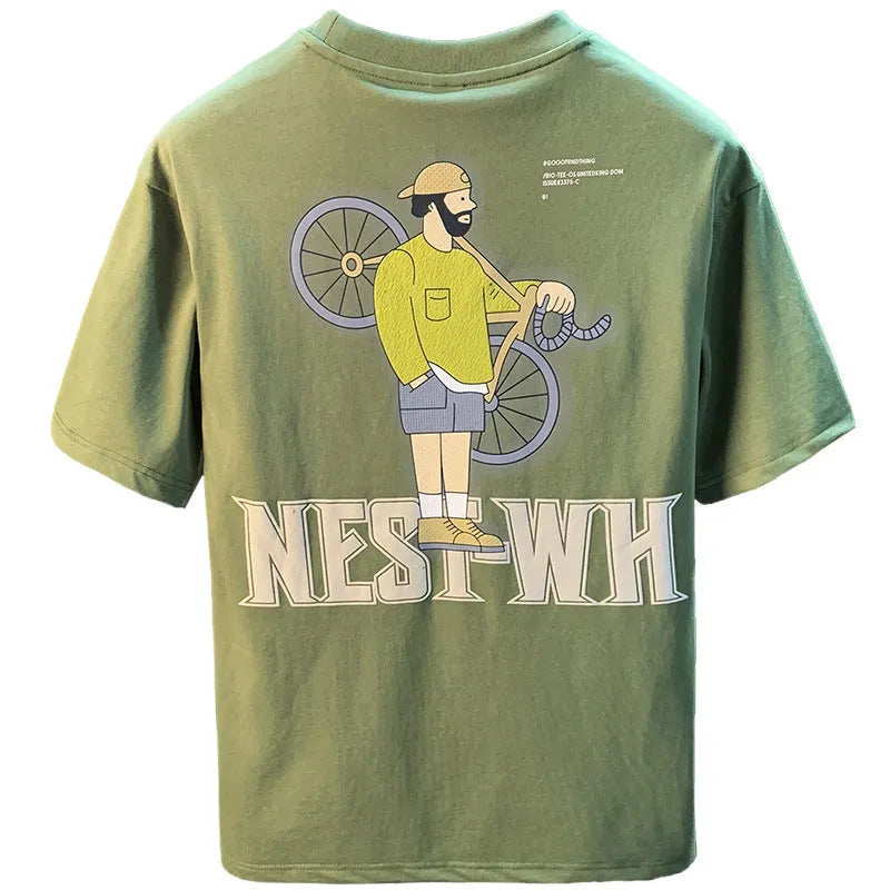 Green men's loose fit T-shirt with printed design and short sleeves for sports and casual wear