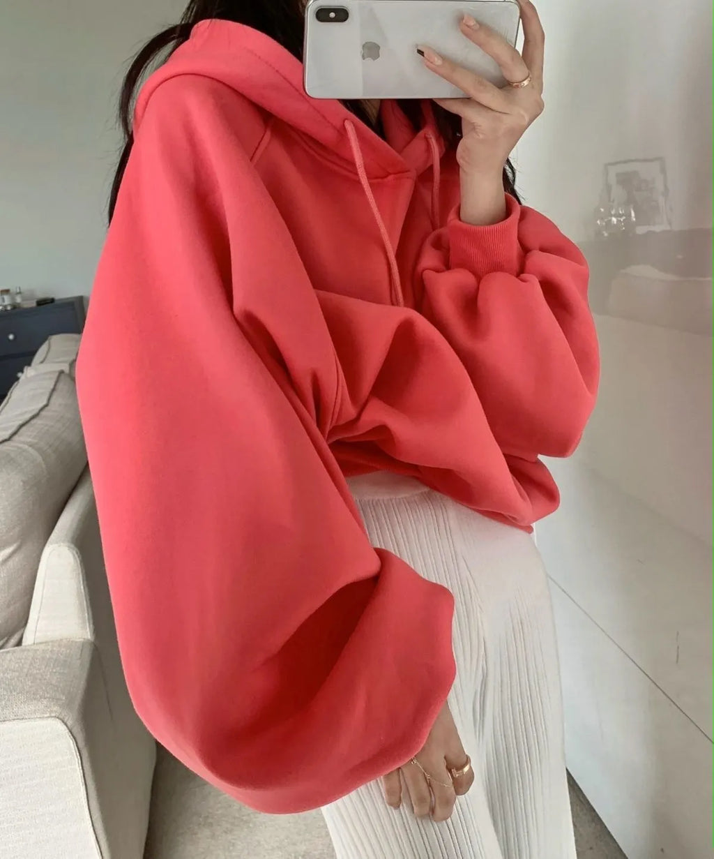 Women's loose mulberry silk hooded sweater in solid watermelon red, sleeveless design.