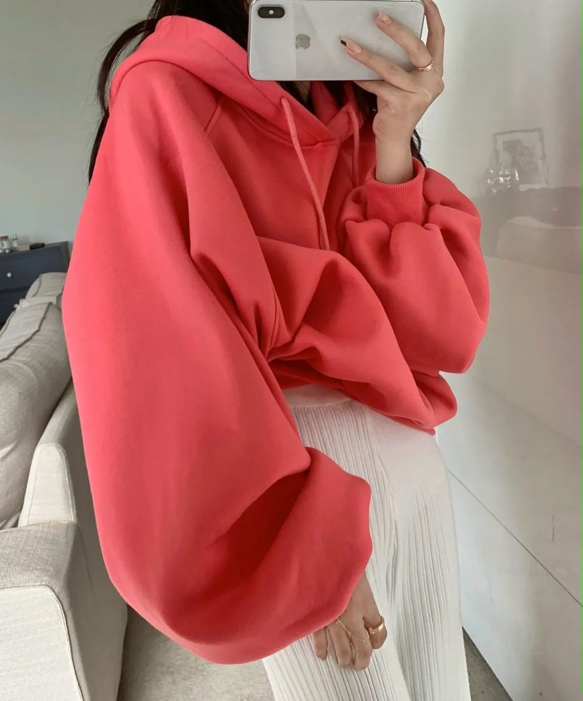 Women's loose mulberry silk hooded sweater in solid watermelon red, sleeveless design.