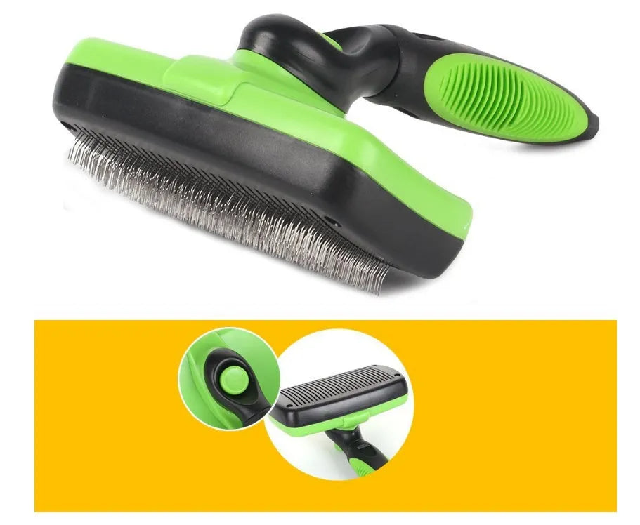 Pet self-cleaning slicker brush with stainless steel needles, green handle, on white background