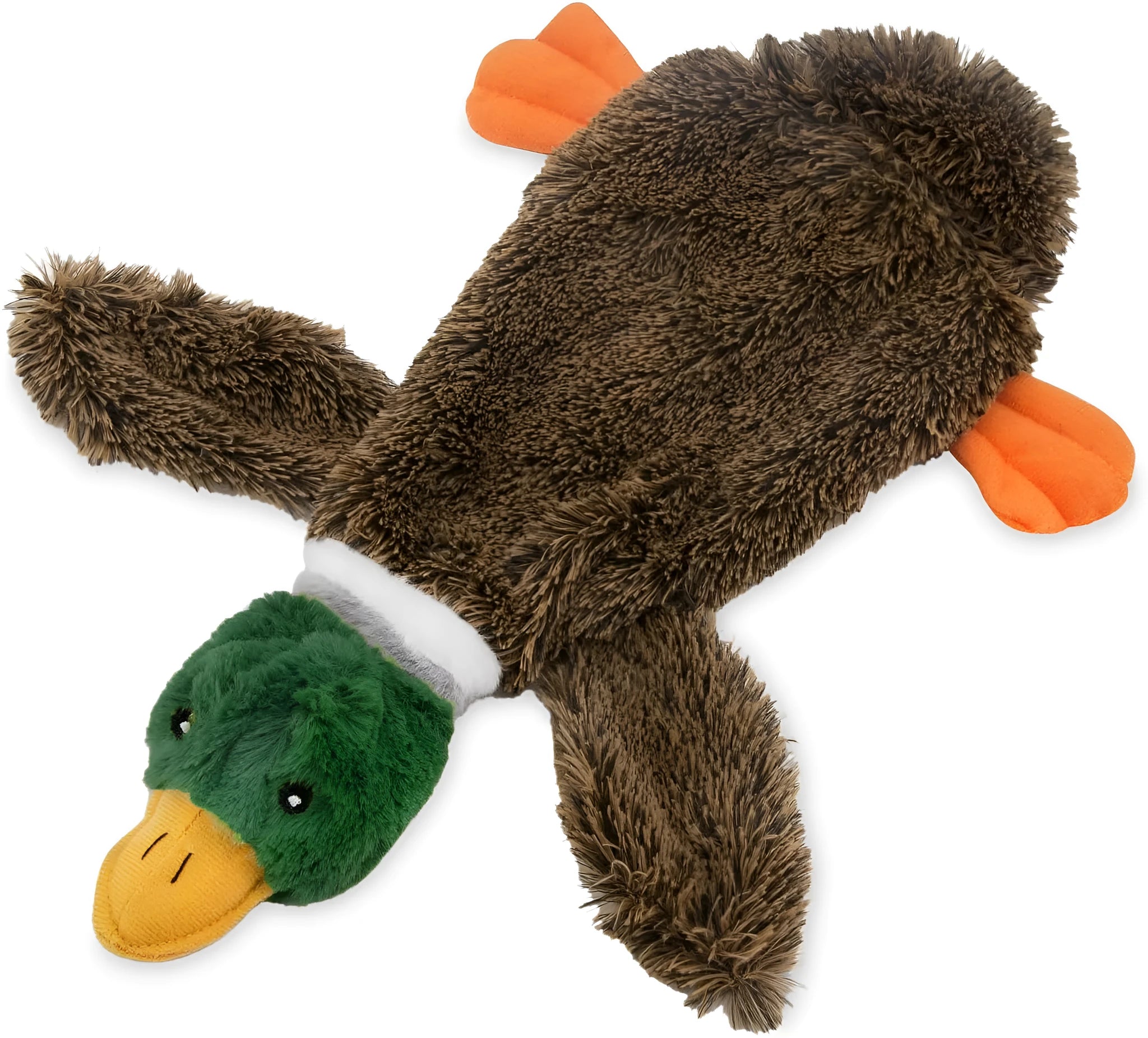 Green wild duck stuffless squeaky dog toy with soft plush fabric and dual squeakers