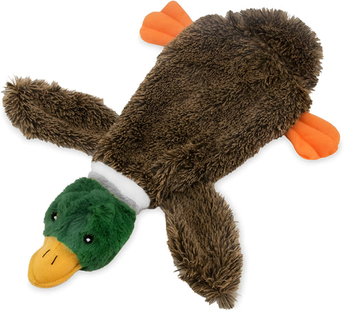 Green wild duck stuffless squeaky dog toy with soft plush fabric and dual squeakers