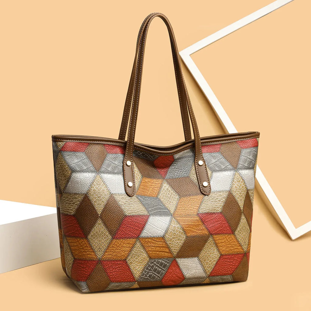 Women's large capacity PVC shoulder handbag in blue brown colour with sandwich pocket organiser