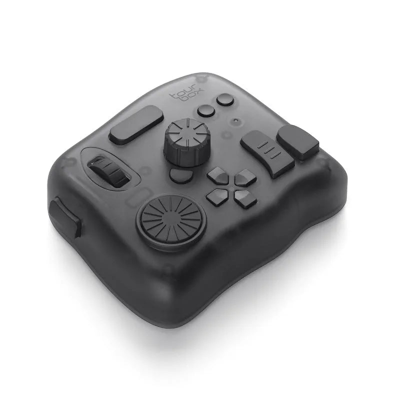 TourBox NEO black digital tablet auxiliary keyboard for video editing on a desk