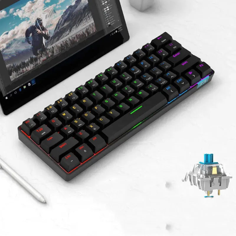 Wireless dual-mode Bluetooth mechanical keyboard with 61-key compact layout and monochrome backlight